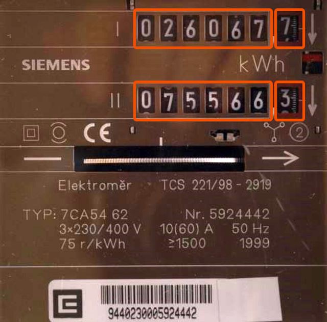 Stav elektroměru ve vysokém tarifu je 26 067,7 kWh, stav v nízkém tarifu 75 566,3 kWh
