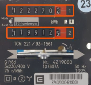 Stav elektroměru ve vysokém tarifuje 122 270,6 kWh, v nízkém tarifu 119 912,5 kWh