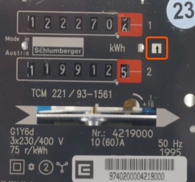 šipka míří nahoru směrem k hornímu číselníku = vysoký tarif