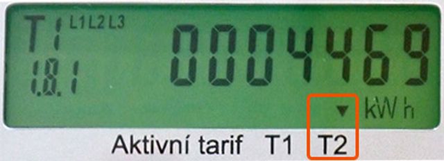 Šipka je umístěná nad hodnotou T2 = nízký tarif