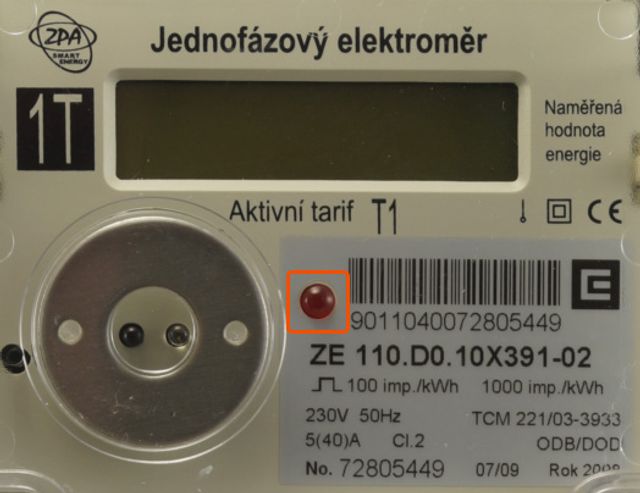 Blikání metrologické diody signalizuje průchod elektrické energie