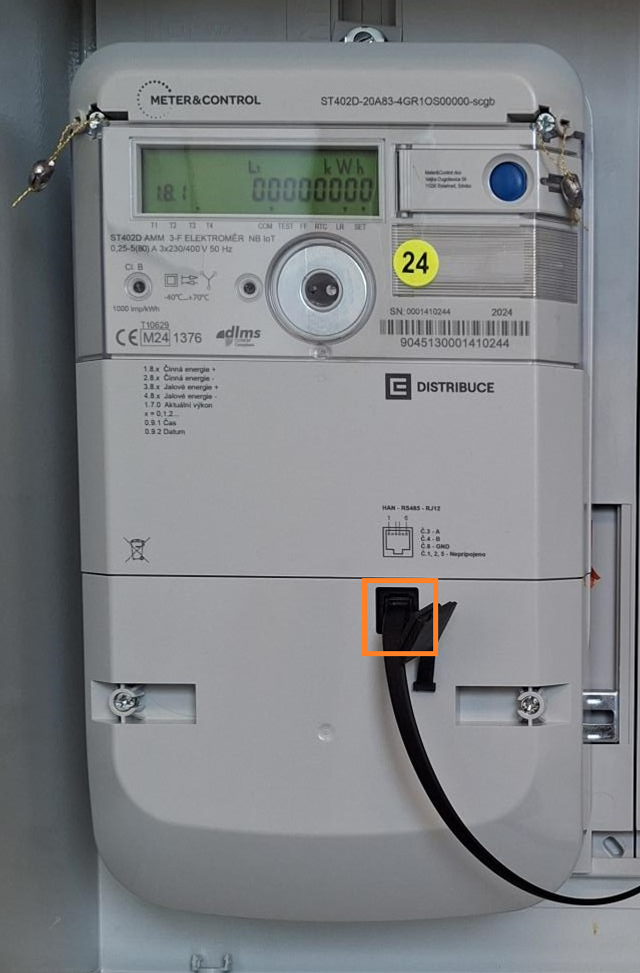Ukázka místa připojení rozhraní HAN na elektroměru Ukázka místa připojení rozhraní HAN na elektroměru