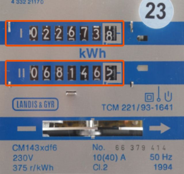 Stav elektroměru ve vysokém tarifu je 22 673,8 kWh, v nízkém tarifu 68 146,5 kWh