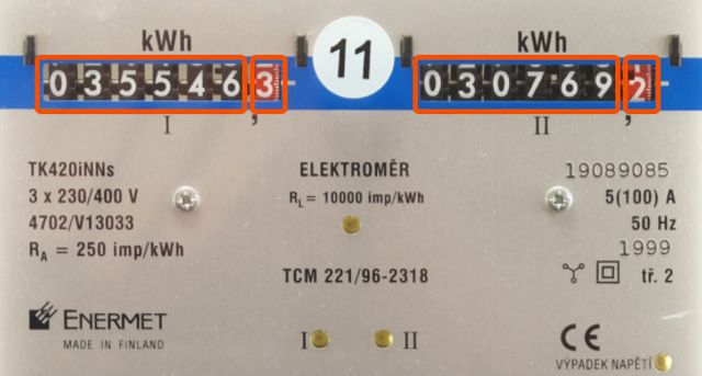 Stav elektroměru ve vysokém tarifu je 35 546,3 kWh, v nízkém tarifu 30 769,2 kWh.