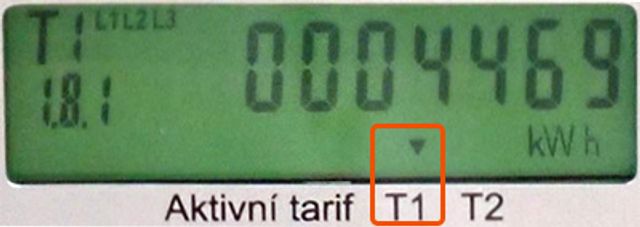 Šipka je umístěná nad hodnotou T1 = vysoký tarif